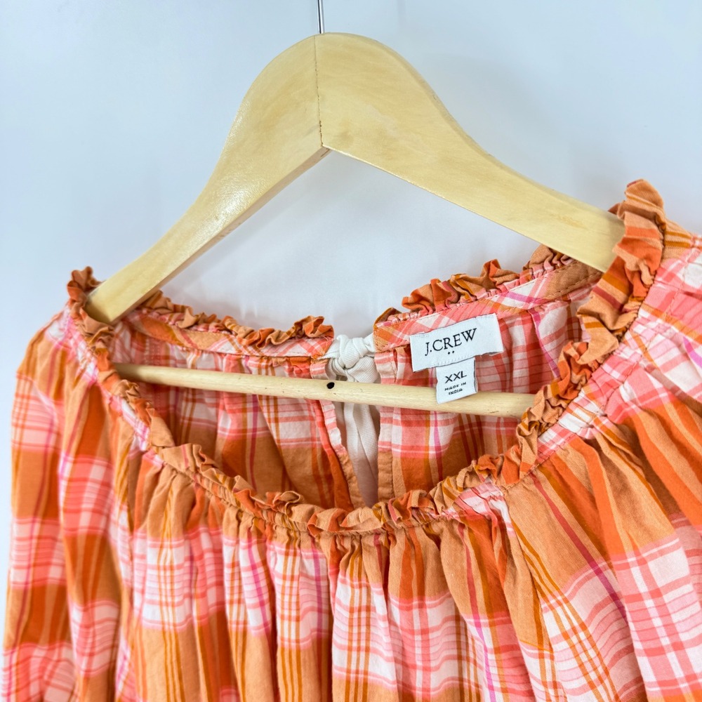 J. Crew Factory Plaid Ruffle Neck Blouse Orange XXL Coastal Cottagecore Boho - Picture 5 of 8
